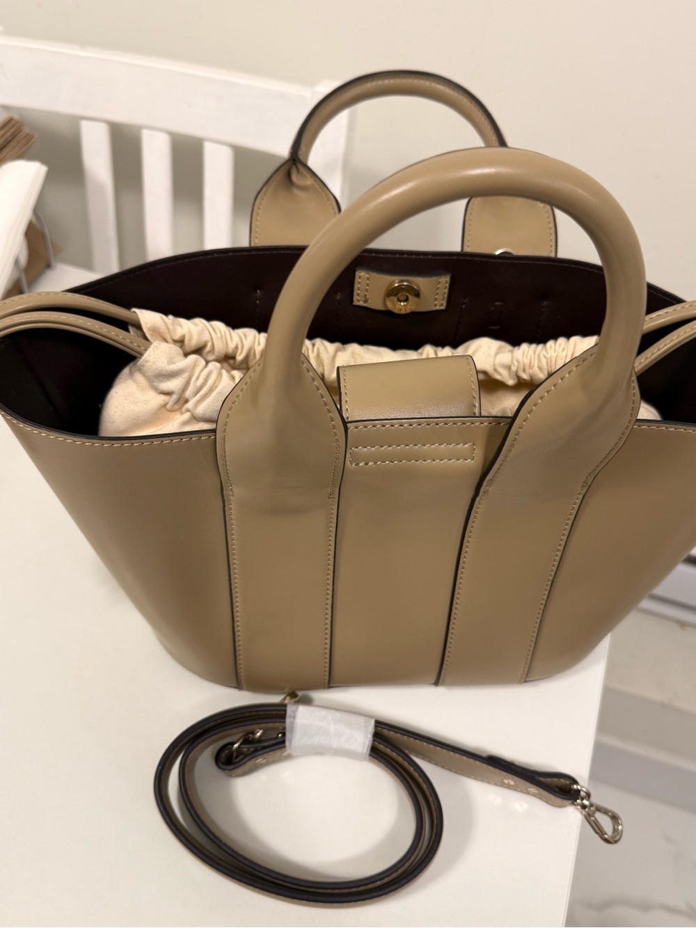 Zara Leather Top-Handle Tote Bag in Taupe